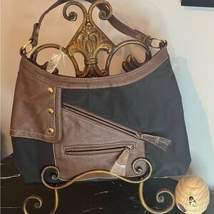 AVON Black and Brown Shoulder Bag with Zippers and Faux Leather NWOT